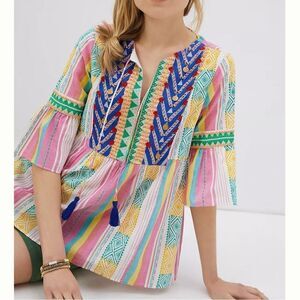 Antropologie Verb Vanessa Embroidered Multi color Boho Tunic Blouse, XS
